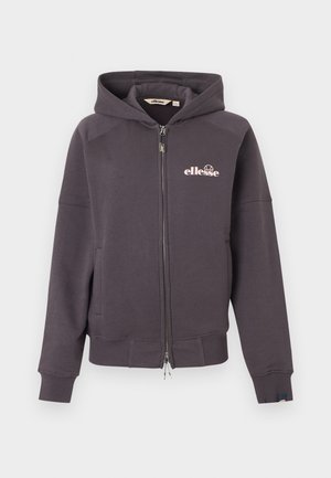 Dunkelgrauer Kapuzenpullover mit Reißverschluss, Fronttaschen und kleinem weißen "ellesse"-Logo auf der linken Brust.
