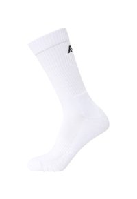 White cotton crew sock with ribbed texture, reinforced heel and toe, and a black logo featured near the cuff.