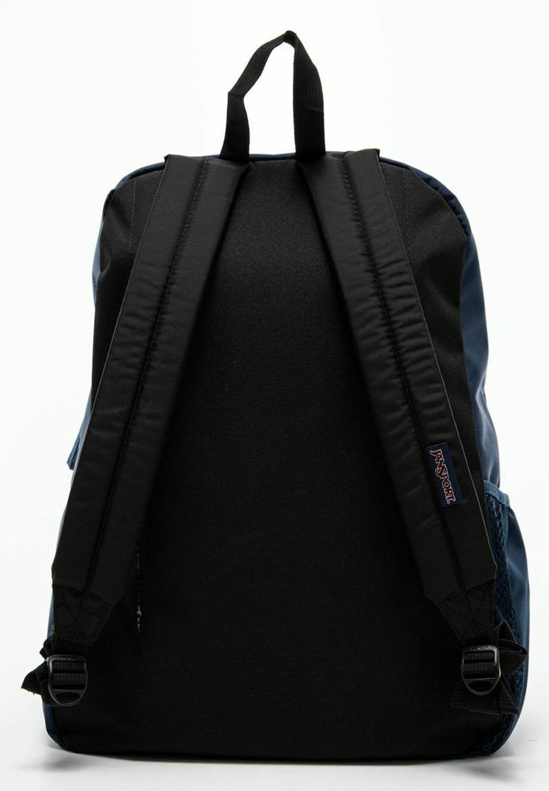 Zaino in tessuto nero con due spallacci imbottiti, una maniglia superiore e una tasca laterale in rete di colore blu navy. Design semplice, senza loghi visibili.