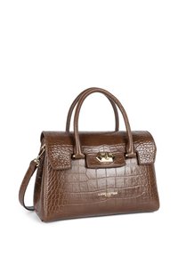 Borsa a tracolla in pelle sintetica effetto coccodrillo marrone, design strutturato, doppio manico superiore, tracolla rimovibile, hardware color oro, chiusura magnetica.