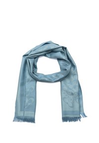 Sciarpa azzurro chiaro realizzata in materiale morbido, con un motivo sottile e bordi frangiati. Il design presenta accenti arrotondati in tutto.