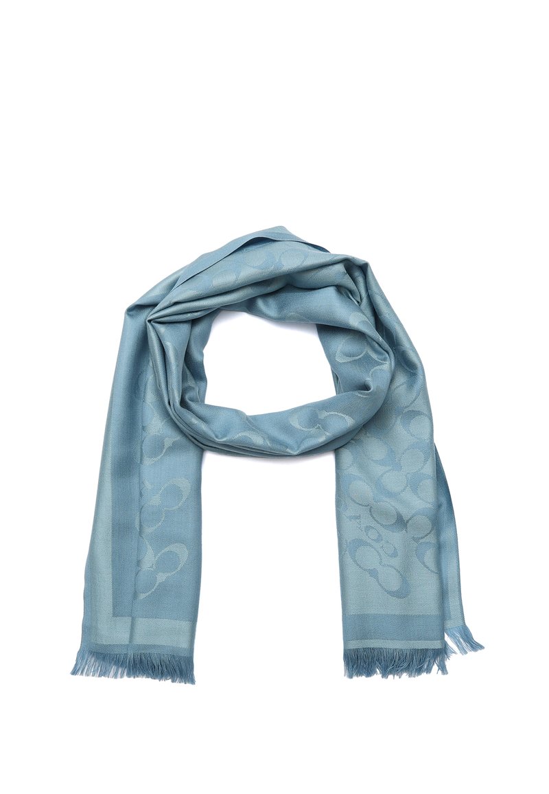 Hellblaue Halsband aus weichem Material, mit einem dezenten Muster und fransigen Kanten. Das Design umfasst runde Akzente entlang der gesamten Fläche.