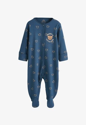 Blå bomulds babybody med et helt bear mønster, trykknapper og tekst, der siger "Daddys lille unge." Foddesign for varme.