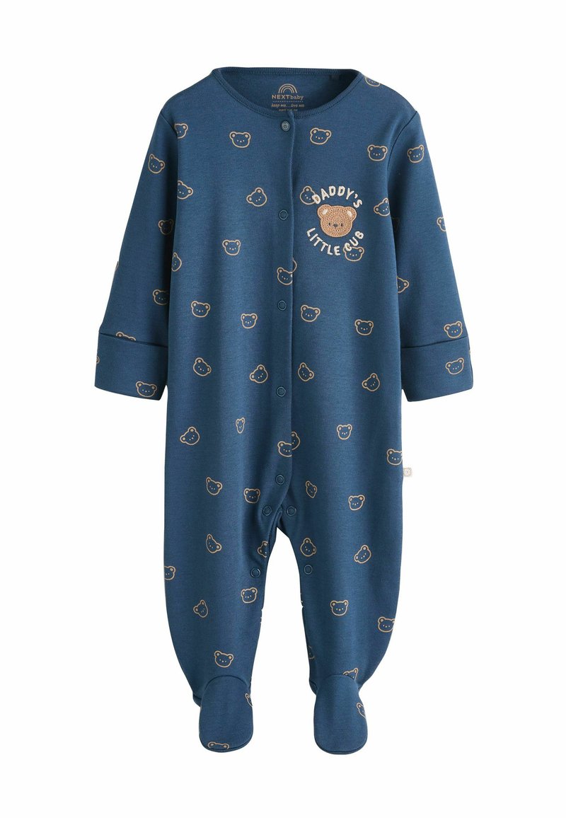 Blå bomulds babybody med et helt bear mønster, trykknapper og tekst, der siger "Daddys lille unge." Foddesign for varme.