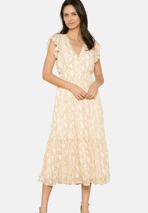 Beige, V-neck dress with ruffled sleeves and tiered hem, featuring a textured snake pattern throughout.