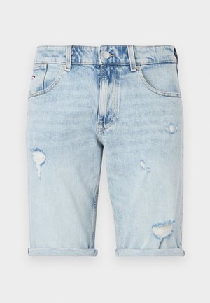 Světle modré džíny s roztrhanými detaily, ohrnutými manžetami a klasickým designem pěti kapes. Vyrobeny z prodyšného bavlněného materiálu.
