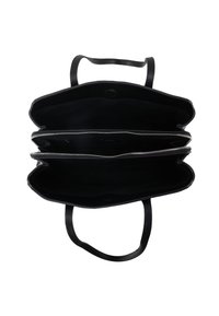 Bolsa tote preta de couro com dois compartimentos com fecho éclair, textura suave e alças curtas. Design aberto com um interior espaçoso.