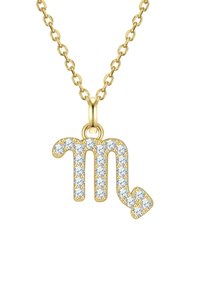 Zlatna ogrlica sa simbolom Škorpiona ukrašena prozirnim rhinestones, s glatkom završnom obradom i karikama.