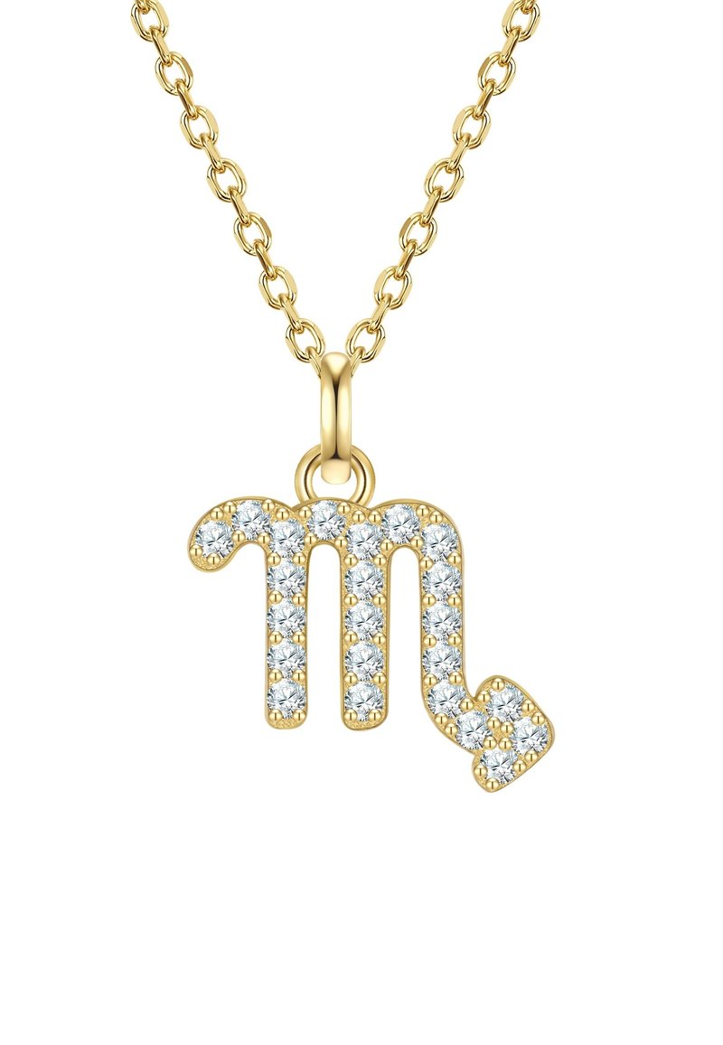 Zlatna ogrlica sa simbolom Škorpiona ukrašena prozirnim rhinestones, s glatkom završnom obradom i karikama.