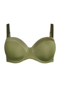 Olijfgroene onderwire beha met een gladde stof, gevormde cups, brede banden en naaddetails voor ondersteuning en vorm.