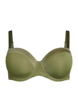 Olive green underwire bra with smooth fabric, contoured cups, wide straps, and seam detailing for support and shape.