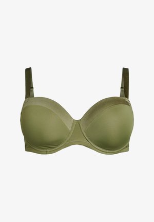 Olijfgroene onderwire beha met een gladde stof, gevormde cups, brede banden en naaddetails voor ondersteuning en vorm.