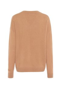 Camel-colored pullover sweater with a round neck, ribbed hem and cuffs, and a soft texture. Back view, no patterns or embellishments.