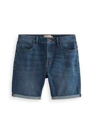 Denim shorts in dark blue with a smooth texture. Features include five pockets, a folded hem, and brown stitching accents.