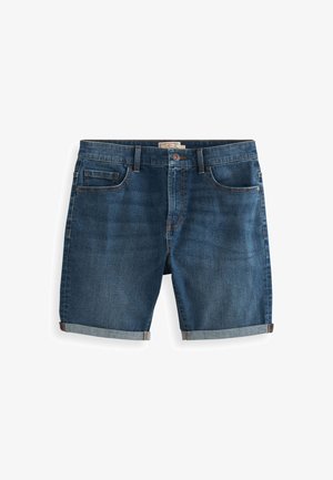 Pantalones cortos de mezclilla en azul oscuro con una textura suave. Las características incluyen cinco bolsillos, dobladillo doblado y acentos de costura en marrón.