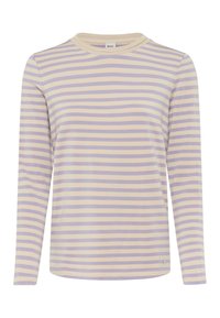 Langärmliges gestreiftes Shirt in helllila und Creme. Weicher Stoff, runder Ausschnitt und ein Logodetail am Saum. Gerade geschnittenes Design.