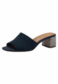 Sandal cu vârf deschis din suede bleumarin, cu un toc bloc cu model texturat. Are un design curat și minimalist, precum și o branț căptușit.