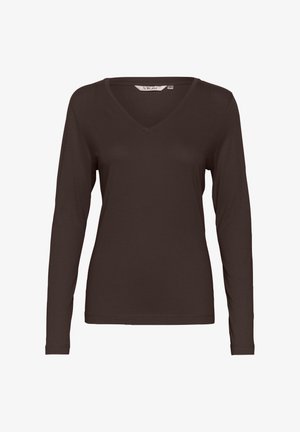 Braunes Langarm-V-Ausschnitt-T-Shirt aus weichem Stoff. Verfügt über einen schmalen Schnitt und ein einfaches Design, mit geraden Säumen und ohne Muster oder Verzierung.