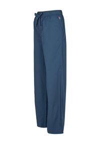 Men’s loose-fit navy blue casual trousers with elastic waist, drawstring, side pockets, and small embroidered logo near pocket.