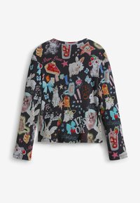 Langarmshirt mit schwarzem Hintergrund und bunten Tier- und Lebensmittelgrafiken, geripptem Textil und rundem Ausschnitt.