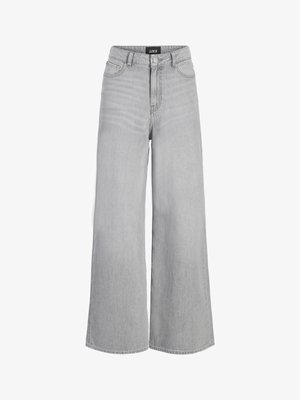 Világosszürke, bőszárú farmernadrág magas derékkal, elöl gombbal, cipzárral, derékpántokkal és márkajelzéssel a derékszalagon.