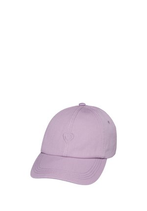 Hellviolette Baseballkappe mit einem kleinen, auf der Vorderseite mittig eingestickten Doppelherz-Symbol, gebogenem Schirm und gestepptem Paneeldesign.