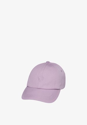 Casquette de baseball violet clair avec un petit symbole double cœur brodé au centre avant, visière courbée et design à panneaux cousus.