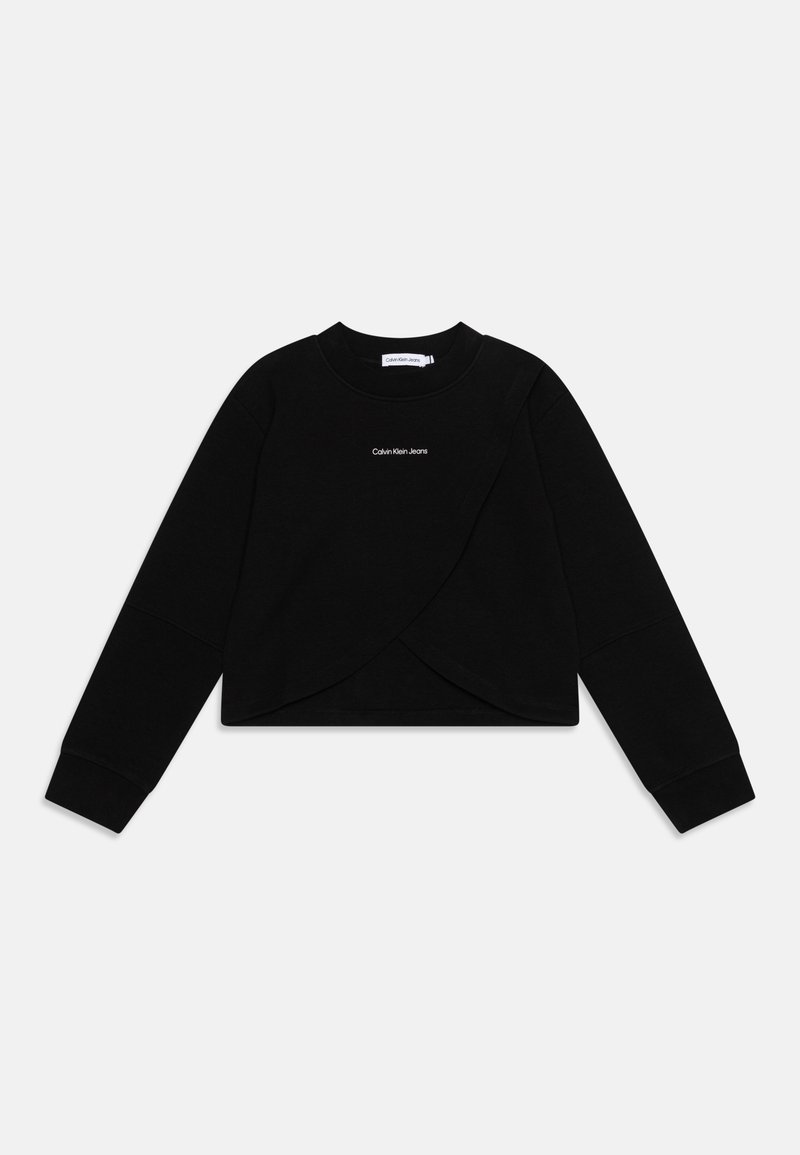Sweat-shirt court noir à manches longues avec panneaux avant superposés et logo « Calvin Klein Jeans » centré sur la poitrine.