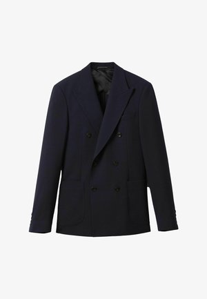 Granatowa marynarka dwurzędowa z klapami typu notch, sześć czarnych guzików, dwie przednie naszywane kieszenie oraz długie rękawy.