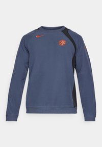 Felpa blu navy con colletto a girocollo, dotata di pannelli laterali neri, un logo Nike arancione sul petto e polsini e orlo elasticizzati.