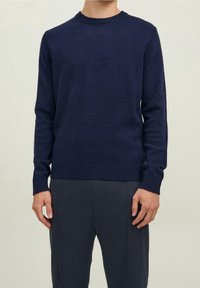 Uomo che indossa un maglione a girocollo blu navy a maniche lunghe e pantaloni scuri, in piedi davanti a uno sfondo chiaro.