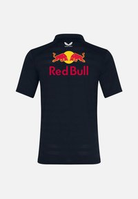 Granatowa koszulka polo z krótkim rękawem z czerwonym logo "Red Bull" i żółtymi akcentami graficznymi. Wykonana z oddychającego materiału o teksturowanym wykończeniu.