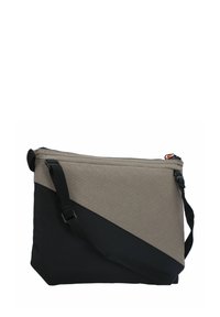Bolso bandolera con un diseño geométrico en beige y negro. Hecho de un tejido duradero con cierre de cremallera y correa ajustable.