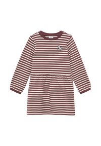 Sukienka w paski z długimi rękawami, w kolorach bordowym i kremowym, z marszczoną talią, z małym haftowanym motywem konia na piersi.
