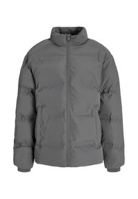 Grå polstret jakke med høj krave, frontzipper og elastiske manchetter. Stofret har en glat struktur og har et quiltet design.