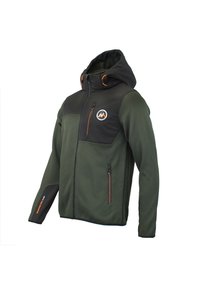 Veste zippée en vert foncé avec des accents noirs, tissu texturé, capuche ajustable avec cordons orange, et poches zippées sur les côtés.