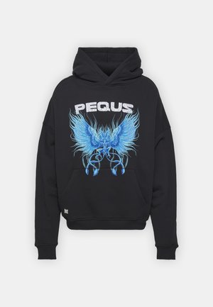 Black hoodie featuring an oversized blue graphic with wings and claws, front pocket, ribbed cuffs, and hem. "PEQUS" text in white.