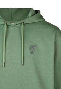 Green sweatshirt with a drawstring hood, featuring a small purple bird graphic on the chest. Soft texture, casual design.
