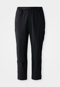 Black, lightweight pants with an elastic waistband and adjustable belt. Features tapered legs and stitched panel details for added style.