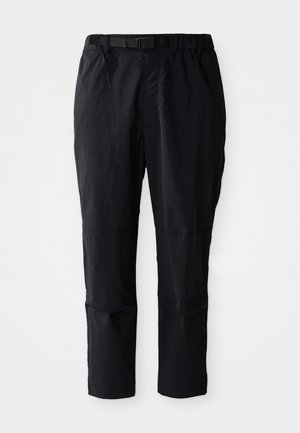 Black, lightweight pants with an elastic waistband and adjustable belt. Features tapered legs and stitched panel details for added style.