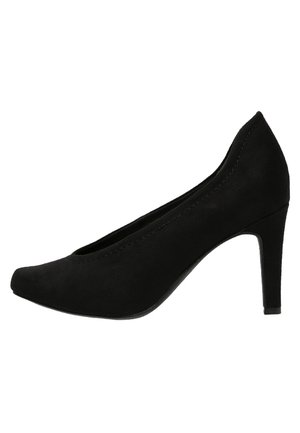 Schwarzer Wildleder-Pumps mit spitzer Spitze und schlankem, mittelhohem Absatz, seitlich auf weißem Hintergrund gezeigt.