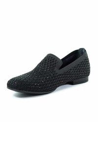 Scarpa nera slip-on con tessuto testurizzato e accenti scintillanti. Presenta una punta liscia, un tacco basso e un design intrecciato per la traspirabilità.