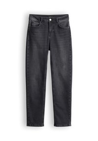 Jeans neri slim-fit con bottone frontale e zip, cinque tasche e leggere sfumature nelle aree delle cosce e delle ginocchia.