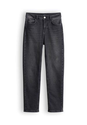 Schwarze Slim-Fit-Jeans mit Knopf und Reißverschluss vorne, fünf Taschen und dezentem Verblassen im Oberschenkel- und Kniebereich.