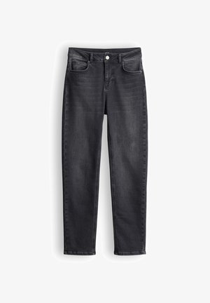 Jeans neri slim-fit con bottone frontale e zip, cinque tasche e leggere sfumature nelle aree delle cosce e delle ginocchia.