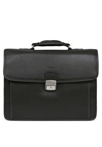 Black leather briefcase with a structured design, silver clasp hardware, and white stitching accents. Smooth texture and top handle.