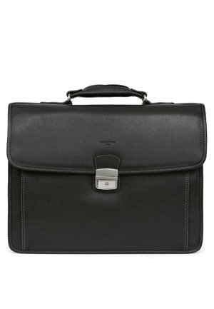 Black leather briefcase with a structured design, silver clasp hardware, and white stitching accents. Smooth texture and top handle.
