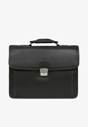 Czarna skórzana teczka o strukturalnym wzornictwie, z zamkiem srebrnym i białymi przeszyciami. Gładka faktura i uchwyt u góry.