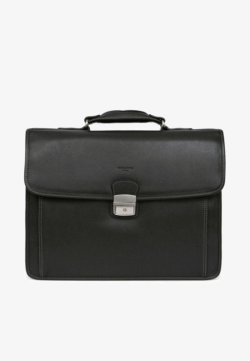 Czarna skórzana teczka o strukturalnym wzornictwie, z zamkiem srebrnym i białymi przeszyciami. Gładka faktura i uchwyt u góry.