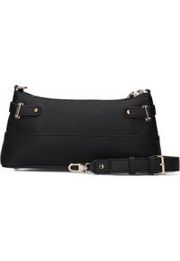Black leather bag with a smooth texture, zipper closure, and gold hardware accents. Features an adjustable strap and minimalist design.